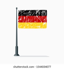 German flag on flagpole in vector, Deutsch flag with scratches, vector flag of Germany.