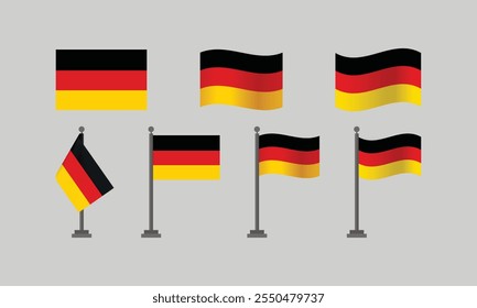 German flag. German flag on pole with wave effect. German flag with flat illustration design. Variations of the German flag design.