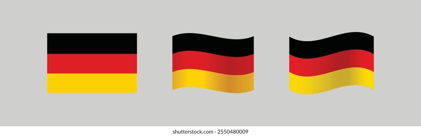 German flag. German flag on pole with wave effect. German flag with flat illustration design. Three variations of the German flag design.