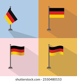 German flag. German flag on pole with wave effect. German flag with flat illustration design. Four variations of the German flag design.