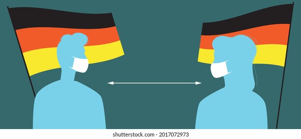 German flag, people in face masks. Silhouette vector stock illustration. Medical masks for covid. People in Germany and social distance. Silhouettes of the Germans. Isolated illustration