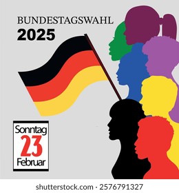 german flag with people. Germany Bundestagswahl 23. February. federal election 2025 in German language. People raising waving german flag. flat vector