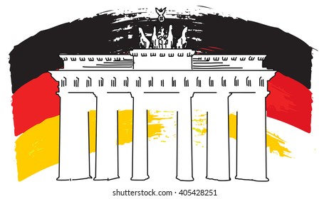 German Flag Sketch and Brandenburger Gate, Vector Artwork, separated on White