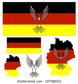 German flag and symbol of a bird and other elements