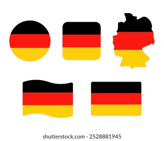 German flag symbols set. Black, red and yellow colors. Round, square, waving rectangle and german map shape vector banner. Berlin symbol.