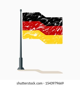 German flag waving on flagpole in vector, Deutsch flag with scratches, vector flag of Germany.