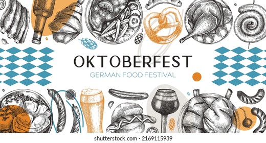 German food background in collage style. Oktoberfest menu trendy design. Vector meat dishes sketches and geometric shapes. German cuisine modern banner. Traditional Food festival illustration. 