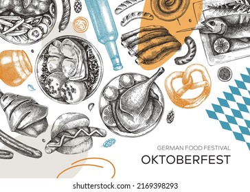 Comida alemana de estilo collage. El menú del Oktoberfest está diseñado a la moda. Esbozos de carne vectorial y formas geométricas. Banner moderno del festival de la cerveza. La comida tradicional alemana esbozó una ilustración. 