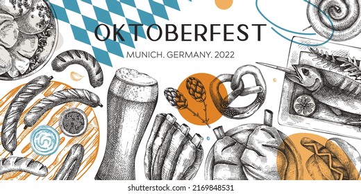 Comida alemana de estilo collage. El menú del Oktoberfest está diseñado a la moda. Esbozos de carne vectorial y formas geométricas. Pancarta moderna de cocina alemana. Dibujo tradicional del festival de cerveza. 