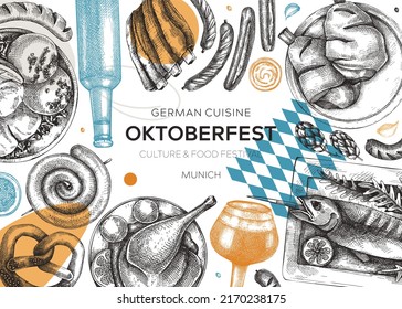 German food background in collage style. Oktoberfest menu trendy design. Vector meat dishes sketches and geometric shapes. German cuisine modern banner. Traditional autumn beer festival illustration. 