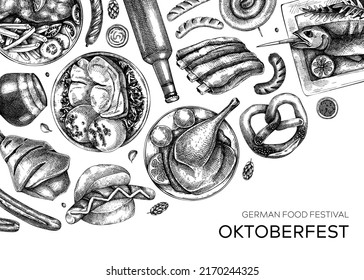 German food background in collage style. Oktoberfest menu trendy design. Vector meat dishes sketches and geometric shapes. Beer festival modern banner. Traditional german food sketched illustration. 