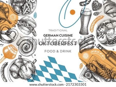 German food background in collage style. Oktoberfest menu trendy design. Vector food sketches and geometric shapes. German cuisine modern banner template. Traditional beer festival illustration. 