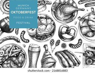 German food background. Oktoberfest menu design. Vector meat dishes sketches. German cuisine banner in vintage style. Traditional Food festival illustration. Black and white restaurant template