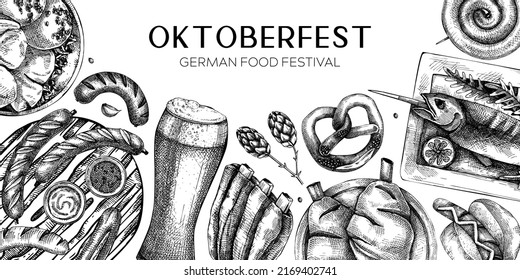 Fondo de cocina alemán. Diseño del menú Oktoberfest. Esbozos de carne vectorial. Pancarta de cocina alemana de estilo vintage. Ilustración tradicional del festival de cerveza de otoño. Plantilla de banner en blanco y negro