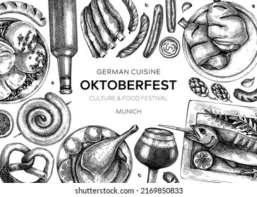 German food background. Oktoberfest menu design. Vector meat dishes sketches. German cuisine banner in vintage style. Traditional beer festival illustration. Black and white restaurant template