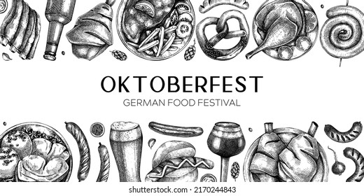 German food background. Oktoberfest menu trendy design. Vector meat dishes sketches. German cuisine modern banner. Traditional beer festival illustration. Autumn food black and white template.