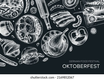 German food background on chalkboard. Oktoberfest menu design. Vector meat dishes sketches. German cuisine banner in vintage style. Traditional Food festival illustration. Beer hand drawing