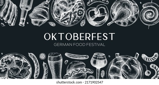 German food background on chalkboard. Oktoberfest menu design. Vector meat dishes sketches. German cuisine banner in vintage style. Traditional beer festival illustration. Beer hand drawing