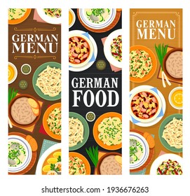 German food banners, Germany cuisine dishes menu, vector Bavarian sauerkraut salad or wurst sausages. German cuisine traditional dinner dishes and lunch meals, apple cheese salad and fish soup eintopf