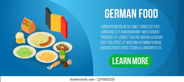 German food concept banner. Isometric banner of german food vector concept for web, giftcard and postcard