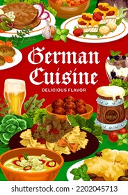 German food dishes, Germany cuisine restaurant menu cover, vector poster. German traditional launch and dinner food meals, schnitzel and curry wurst sausages, soups and salads with dessert and beer