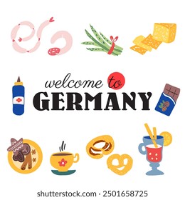 German food and drink colorful vector set, mulled wine, pretzel, asparagus, sausage, ginger cookies, decorative icon, famous symbol of Germany for design map, poster, travel card, children pattern