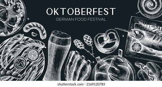 German food and drinks background on chalkboard. Oktoberfest menu design. Vector meat dishes sketches. German cuisine banner in vintage style. Traditional Food festival illustration for restaurant