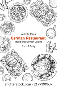 German food frame.  Bierhaus menu. German cuisine. Sketch style. Menu design template. Hand drawn vector illustration. Food and drink sketch. Black and white. Engraved style