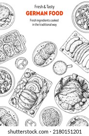 German food frame. Bierhaus menu. German cuisine. Sketch style. Menu design template. Hand drawn vector illustration. Food and drink sketch. Black and white. Engraved style