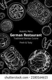 German food frame. Bierhaus menu. German cuisine. Sketch style. Menu design template. Hand drawn vector illustration. Food and drink sketch. Black and white. Engraved style