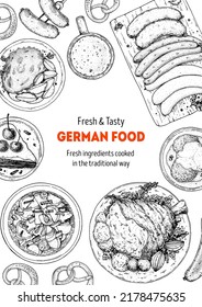 German food frame. Oktoberfest menu. Sketch style. Menu design template. Hand drawn vector illustration. German cuisine. Food sketch. Black and white. Engraved style