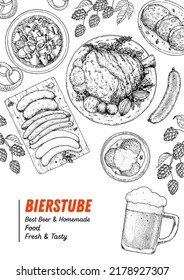 German food frame. Oktoberfest menu. German cuisine. Sketch style. Menu design template. Hand drawn vector illustration. Food and drink sketch. Black and white. Engraved style