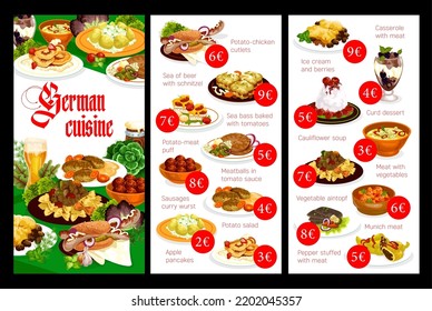 German food menu, cuisine dishes and restaurant meals, vector lunch and dinner. German cuisine traditional schnitzel and curry wurst sausages, beer and potato, Munich meat puffs and ice cream dessert