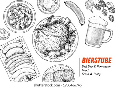 Comida alemana. Plantilla de diseño. Ilustración vectorial dibujada a mano. Cocina alemana. Blanco y negro. Estilo grabado. Dibujo manual de dibujos de alimentos. Menú retro vintage