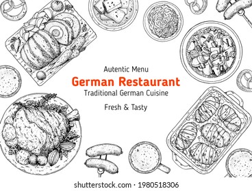 German food menu sketches. Design template. Hand drawn vector illustration. German cuisine. Black and white. Engraved style. Hand drawn food sketch illustration