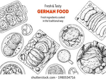 German food menu sketches. Design template. Hand drawn vector illustration. German cuisine. Black and white. Engraved style. Hand drawn food sketch illustration