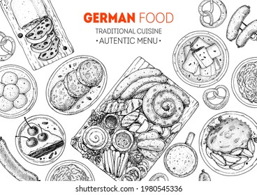 German food menu sketches. Design template. Hand drawn vector illustration. German cuisine. Black and white. Engraved style. Hand drawn food sketch illustration