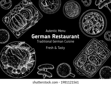 German food menu sketches. Design template. Hand drawn vector illustration. German cuisine. Black and white. Engraved style. Hand drawn food sketch illustration.