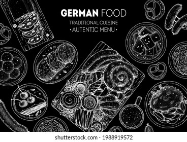 German food menu sketches. Design template. Hand drawn illustration. German cuisine. Black and white. Engraved style. Hand drawn food sketch illustration