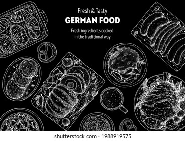 German food menu sketches. Design template. Hand drawn vector illustration. German cuisine. Black and white. Engraved style. Hand drawn food sketch illustration