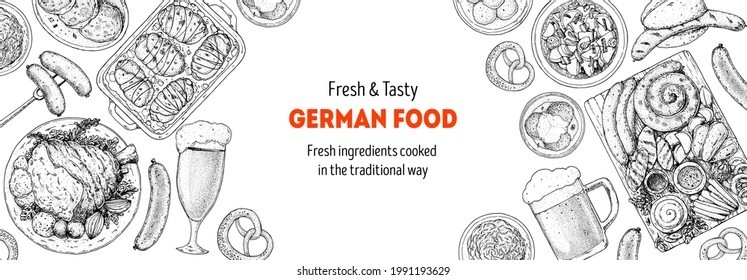 German food menu sketches. Design template. Hand drawn vector illustration. German cuisine. Black and white. Engraved style. Hand drawn food sketch illustration. Retro vintage menu