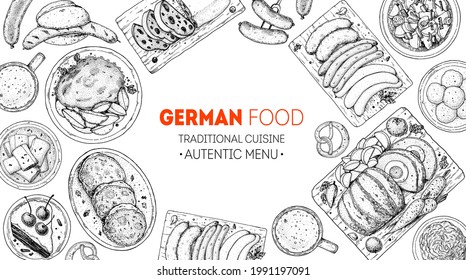 German food menu sketches. Design template. Hand drawn vector illustration. German cuisine. Black and white. Engraved style. Hand drawn food sketch illustration