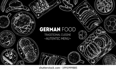 German food menu sketches. Design template. Hand drawn vector illustration. German cuisine. Black and white. Engraved style. Hand drawn food sketch illustration