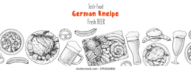 German food menu sketches. Design template. Hand drawn vector illustration. Oktoberfest menu. Pub food. Black and white. Engraved style. Hand drawn food sketch illustration. Retro vintage menu