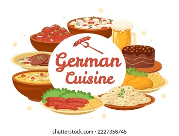 German Food Restaurant with Collection of Delicious Cuisine Traditional and Drinks in Flat Cartoon Hand Drawn Templates Illustration