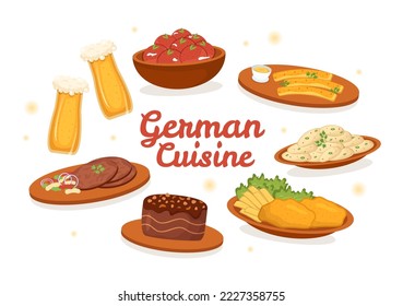 German Food Restaurant with Collection of Delicious Cuisine Traditional and Drinks in Flat Cartoon Hand Drawn Templates Illustration