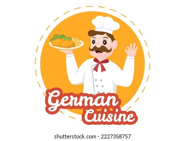 German Food Restaurant with Collection of Delicious Cuisine Traditional and Drinks in Flat Cartoon Hand Drawn Templates Illustration