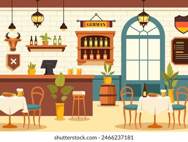 German Food Restaurant Vector Illustration featuring a Collection of Delicious Traditional Cuisine and Drinks on a Flat Style Cartoon Background