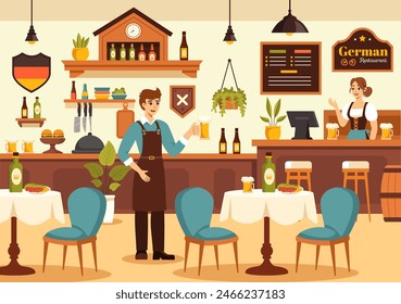 German Food Restaurant Vector Illustration featuring a Collection of Delicious Traditional Cuisine and Drinks on a Flat Style Cartoon Background