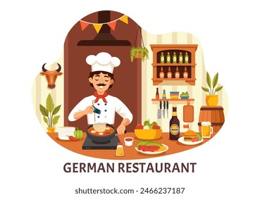 German Food Restaurant Vector Illustration featuring a Collection of Delicious Traditional Cuisine and Drinks on a Flat Style Cartoon Background